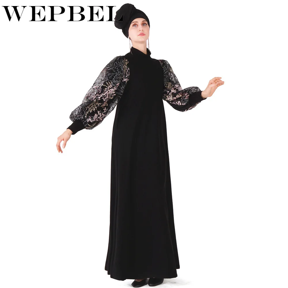 WEPBEL мусульманское женское платье, халат с пышными рукавами, Осень-зима, мусульманское женское однотонное платье в пол с круглым вырезом, национальная одежда