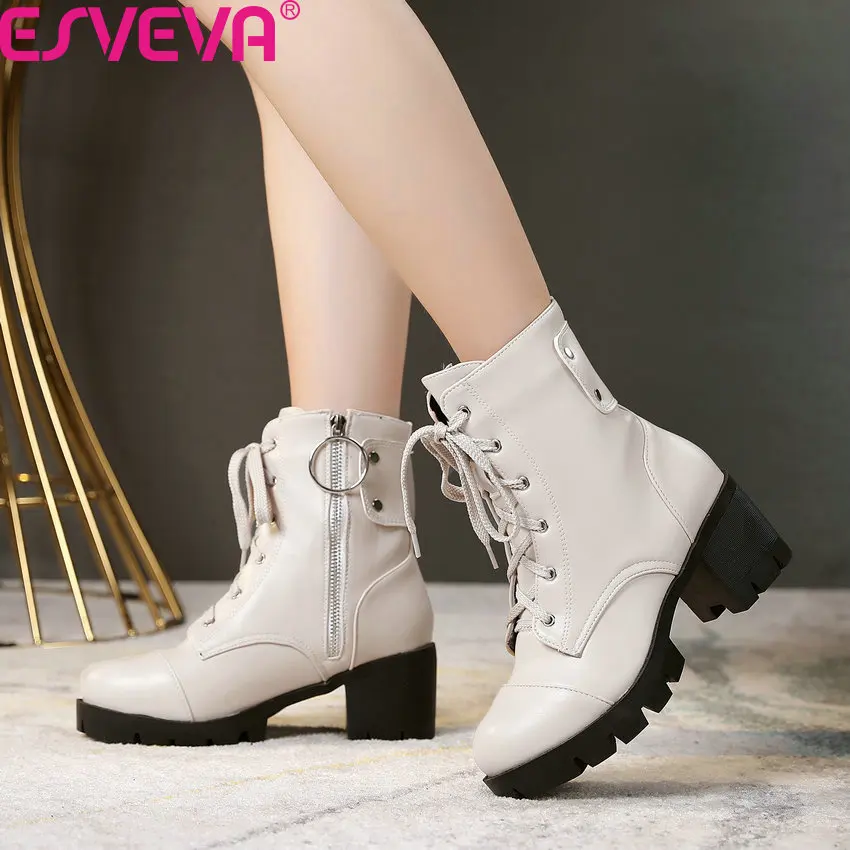 

ESVEVA 2020 Round Toe Lace Up Zipper Casual Ankle Boots Square High Heel PU Leather Autumn Winter Fashion Women Shoes Size 34-43