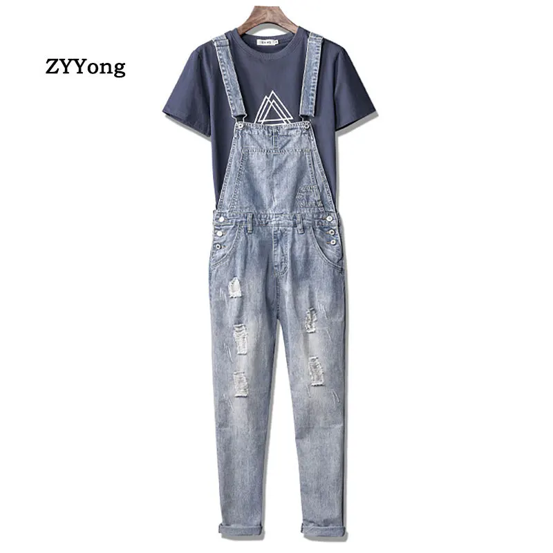 

Man Ripped Jeans Bib Overalls Loose Plus Size Streetwear Hip Hop Hole Denim Jumpsuits Trousers Leisure Tattered Freight Pants