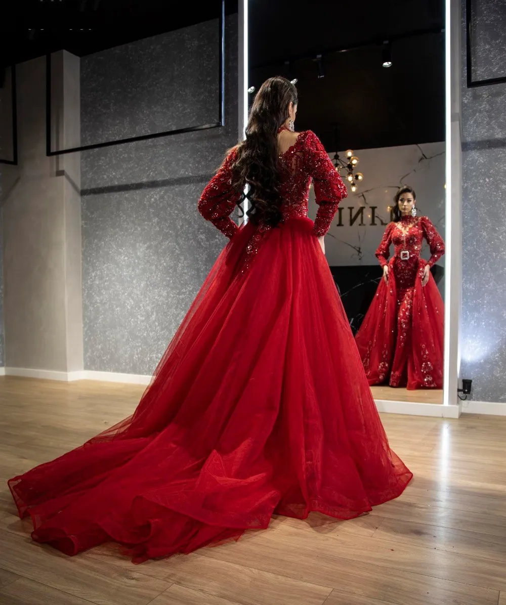 Robe de soirée en tulle rouge brillant pour mariage, robes de soirée perlées, robe formelle, train parfait, 2021