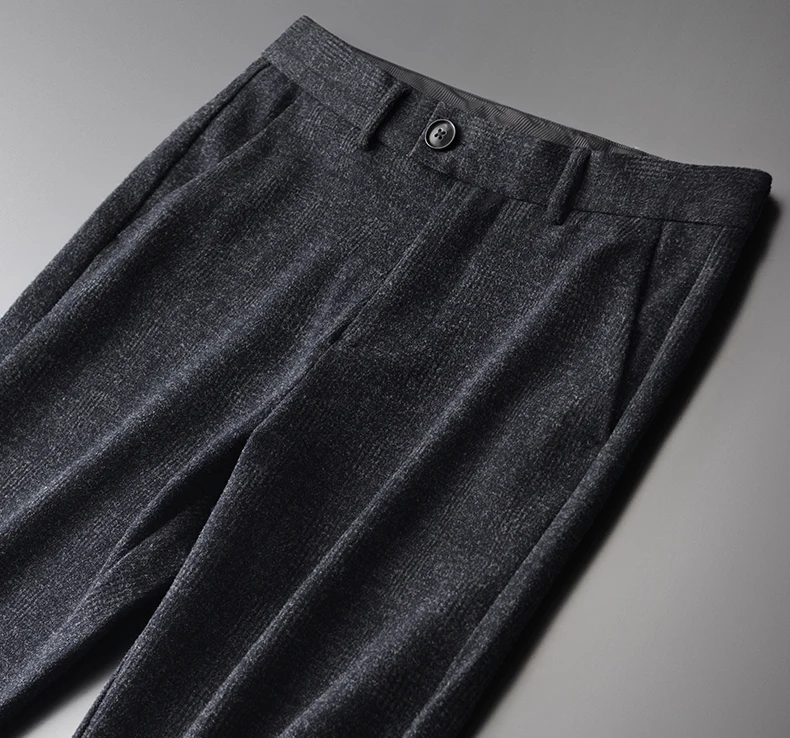 Пряжа окрашенная шерсть мужские брюки роскошный сплошной цвет Slim Fit мужской костюм брюки осень и зима толстые сохраняющие тепло мужские брюки
