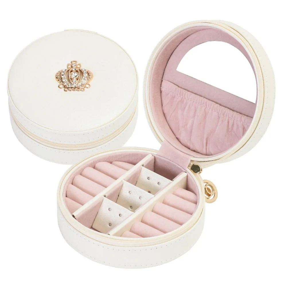 

Organizer Display Solid With Mirror Round Case PU Leather Multi-layer Necklace Crown Design Jewelry Box Portable Earring Holder