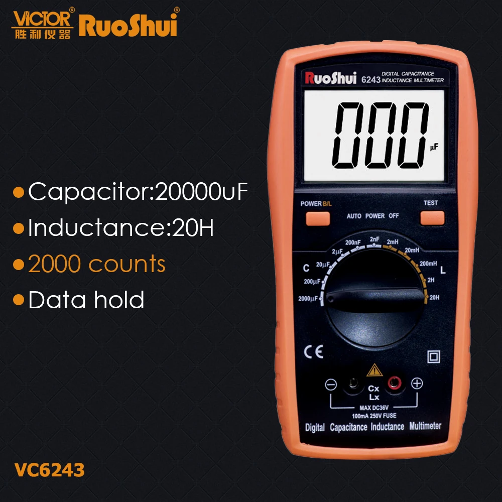 

RuoShui VC6243 20H 1000uF Digital Capacitance LCR Meter 2000 Counts Data Hold Capacitor Tester Electronic Capacimetro