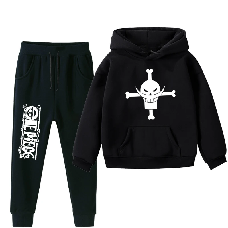 Boys Girls 2Pcs Clothes ONE PIECE Luffy Kids Hoodies And Pant Children Plus Velvet Clothes Set Winter Black Sportsuit For 2-14Y - Цвет: 003