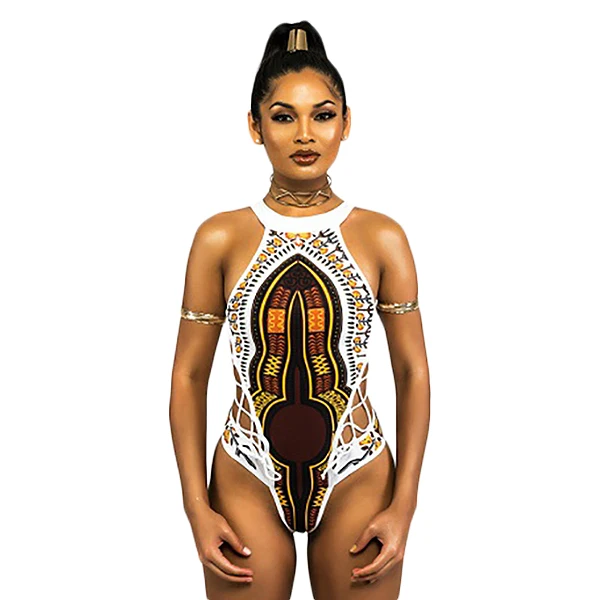 

African Print Swimsuits Floral Bikini Swimming Suit Thong One Piece Swimsuit Women M