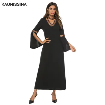 

KAUNISSINA Black Long Cocktail Dress Leapord V-Neck Straight Party Gown Vintage Homecoming Robe Vestidos