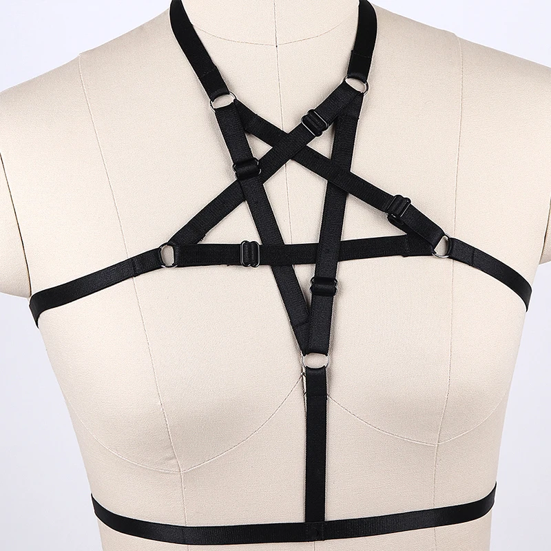 Pentagram Body Harness Cage Punk Bra Woman Sexy Lingerie Pastel Goth Black Body Bondage Belt Rave Open Chest Harness Bra