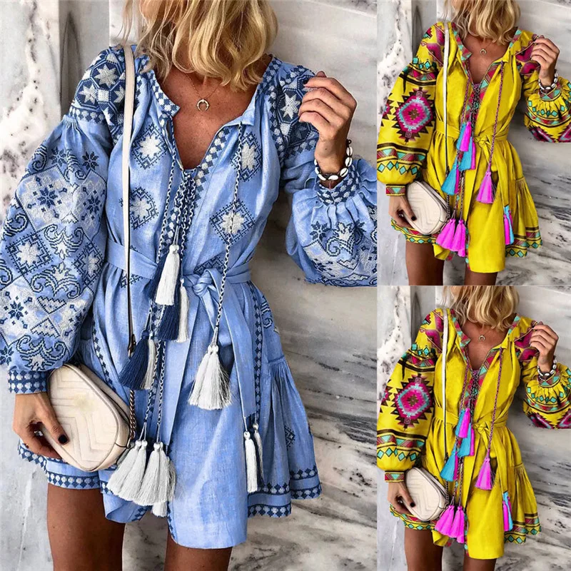 New 2020 Spring Autumn Women Casual Dress Elastic Waist V-Neck Printed Floral Print Dress Female Party Dress Vestidos