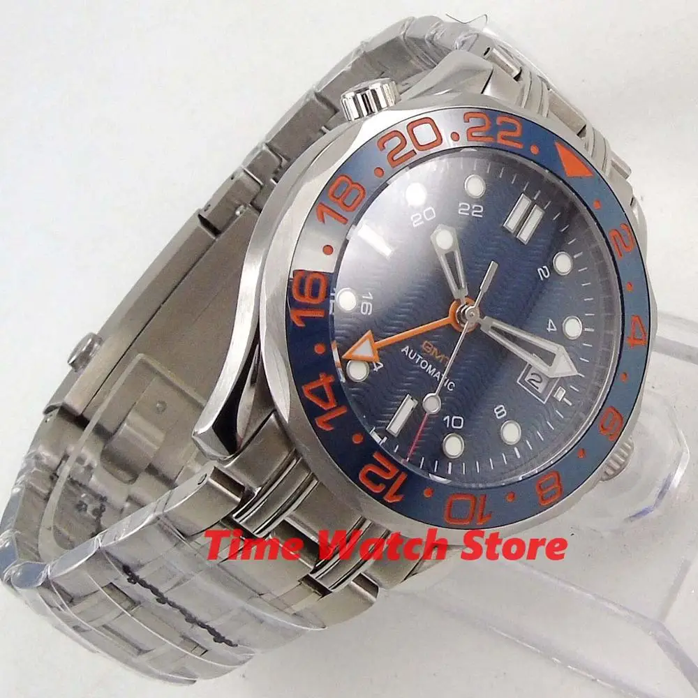 BLiger 41 мм GMT 3804 автоматические часы для мужчин сапфировое стекло водонепроницаемый синий циферблат Дата керамический ободок SS браслет красные метки B312