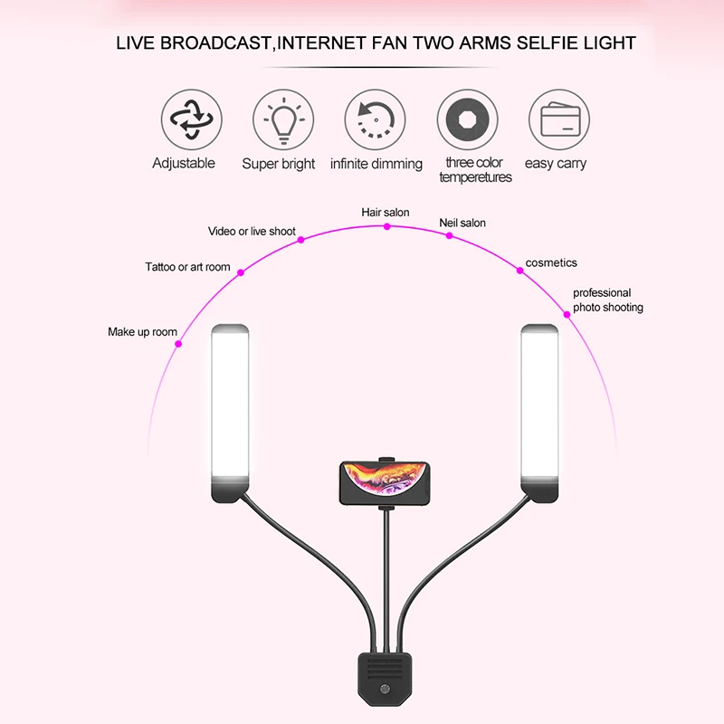 New Photography Lighting 3000K-6000K Double Arms Fill LED Selfie Light Photo Studio Camera Lamp Tripod For Video Live Broadcast