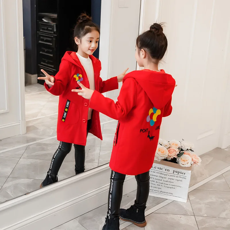 Шерстяное пальто для девочек коллекция года, детская одежда зимние пальто и куртки детская одежда шерстяная кашемировая теплая одежда с капюшоном для девочек 3 цвета - Цвет: Красный
