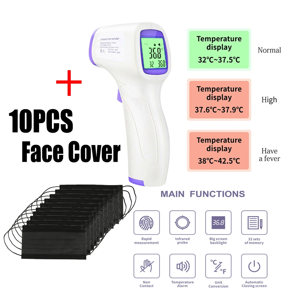 

Adult And Baby Non-contact Thermometer LCD Backlight Electronic Thermometer Celsius Fahrenheit Temperature Send 10pcs Black Mask