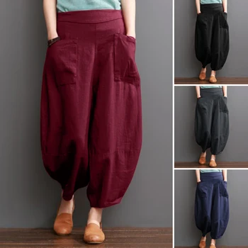 

Women's Summer Trouser ZANZEA 2020 Vintage Wide Leg Pants Elastic Waist Solid Pantalon Female Cotton Casual Turnip Oversized
