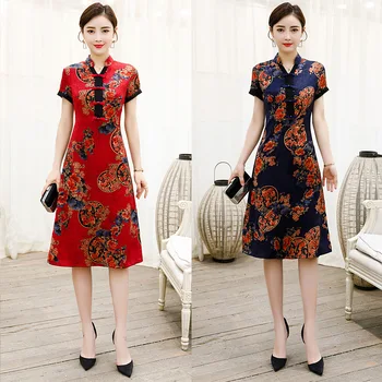 

Summer New Retro Improvement Short-sleeved Silk Chinese Style Vietnamese Odie Slim Print Cheongsam Dress Plus Size M-4XL
