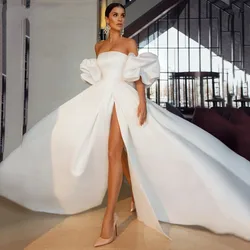 2022 Removable Puff Sleeve Satin Wedding Dress High Slit Side A-line Simple Bridal Gown Elegant Vestido De Noiva Custom Made