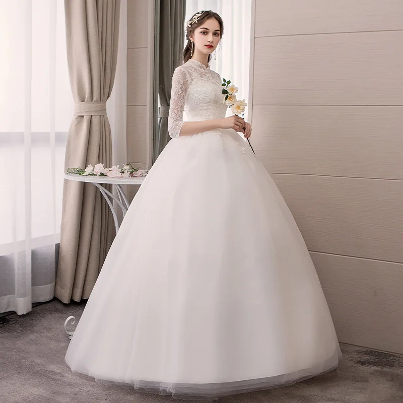 Robe De Mariee белые свадебные платья высокие кружевные аппликации для выреза бальный халат с рукавами до локтя Элегантные платья невесты Abito Da Sposa