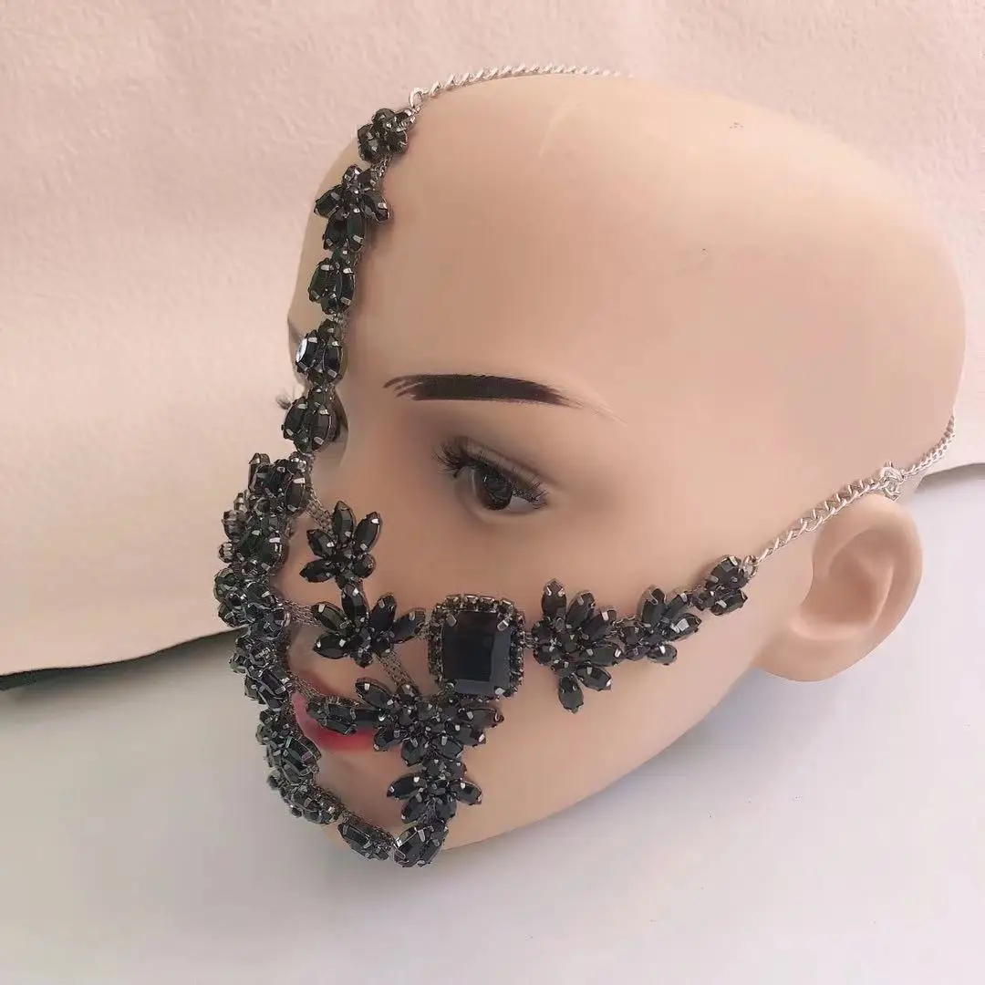 Luxury exaggeration Black Rhinestone mask sexy women's full face mask jewelry halloween ball luxury crystal mask face decoration
