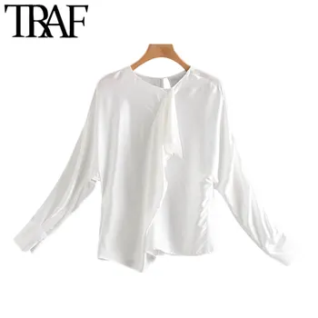 

TRAF Women Vintage Stylish Office Wear Soft Touch Ruffles Irregular Blouses Fashion O Neck Long Sleeve Female Shirts Chic Tops