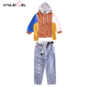 

2PCS WLG girls spring autumn clothing set kids patchwork hooded sweatshirt and jean set baby girl casual all match clothes
