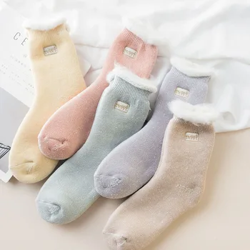 

Plus Velvet Thickening Warm Women's Socks Wool Cotton Girls Ladies Christmas Socks Solid Color Letter Fluffy Home Floor Sokken