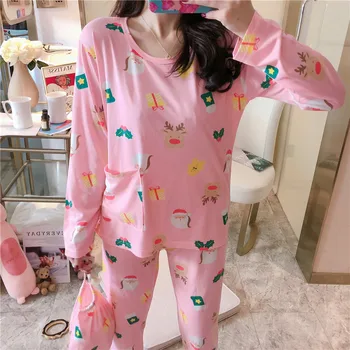 

2020 Spring Autumn Casual Pajama Sets For Woman Long Sleeve And Pants Two Pieces Loose Comfort Pajamas For Woman