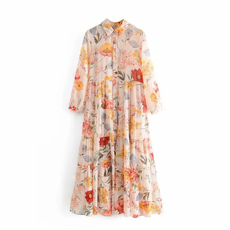 

C5284-1949 Fold-down Collar Flower Printed Flounced Long-sleeved Dress