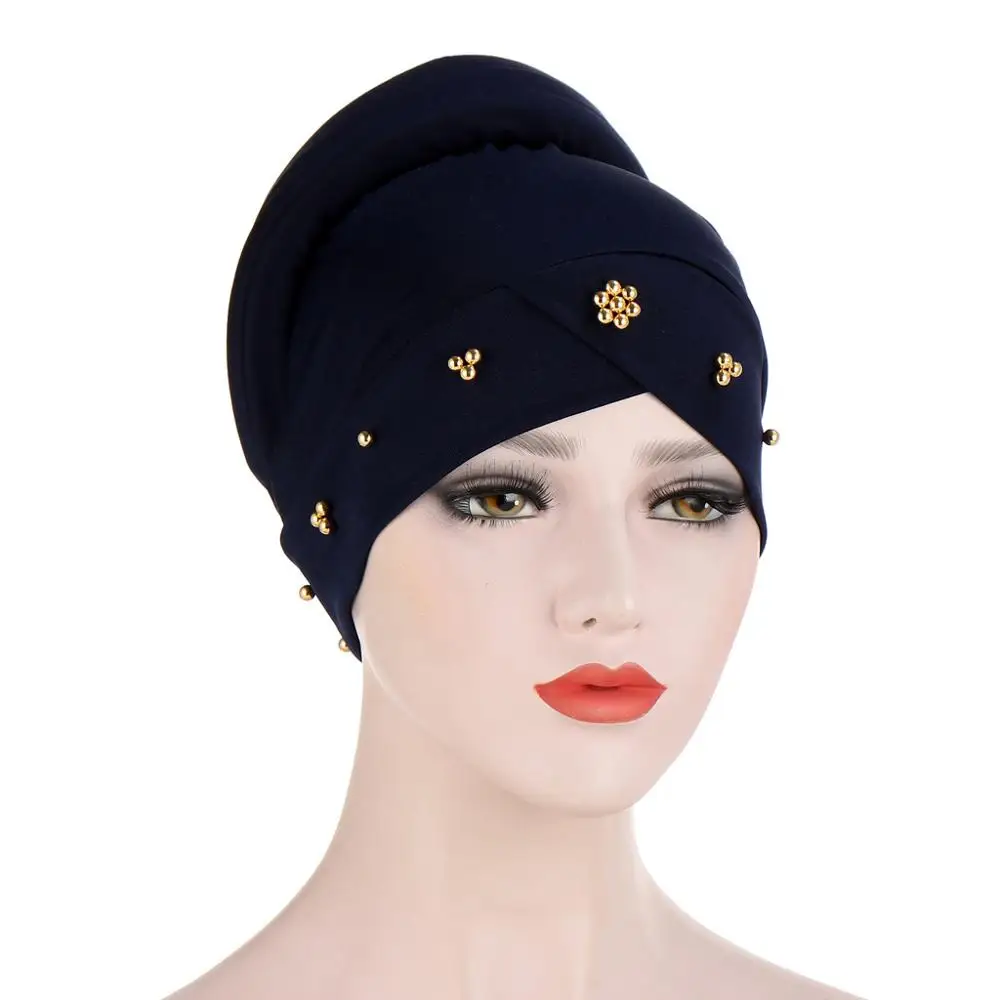 

European and American solid color turban cap, beaded Muslim chemotherapy cap, back sponge head cap