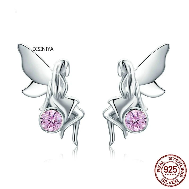 

DISINIYA New Fashion 100% 925 Sterling Silver Flower Fairy Pink CZ Stud Earrings for Women Silver Jewelry gift sce395 Law