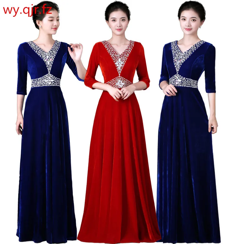 

DLH-80#Evening Dress Long Costumes V-Neck Gold velvet fabric Red Blue Sequins Graduation Wedding Party Prom Dresses Sleeve Half