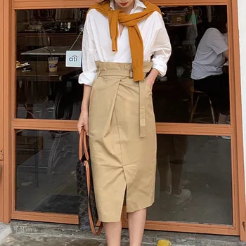 

Pullover One-Piece Women Dress 2020 Korean Designer Fashion Chic Patchwork A-Line High Waist Shirt Dress Preppy Style Khaki