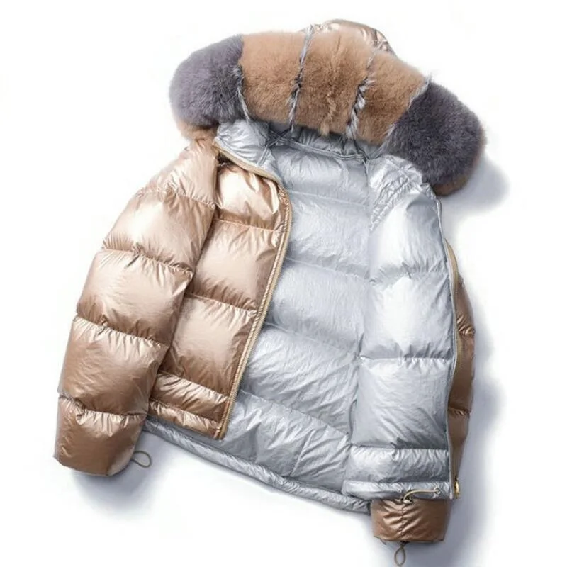 Белые женские зимние куртки на утином пуху, воротник из натурального меха, серебряное Золотое пальто, женские двухсторонние парки с капюшоном, непромокаемая верхняя одежда