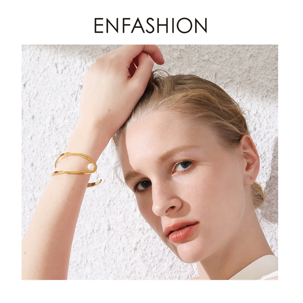 ENFASHION, милые, открывающиеся в виде рыбы браслеты-манжеты, браслеты для женщин, золотой цвет, жемчуг, C Форма, линия, женский браслет, модное ювелирное изделие, B2019