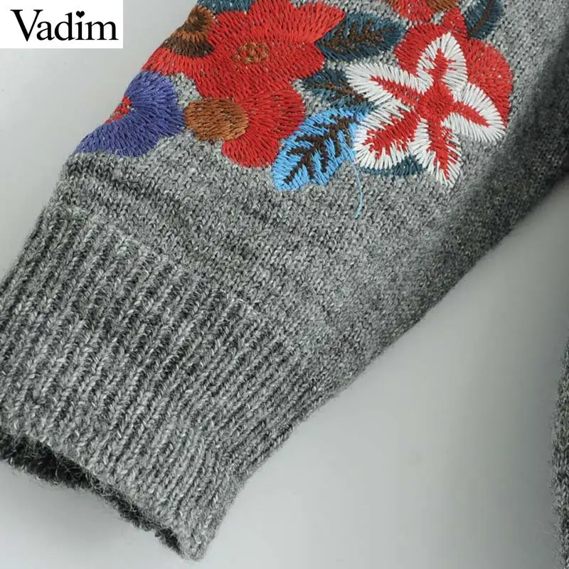 Женское элегантное платье vadim с цветочной вышивкой, вязаный свитер с длинными рукавами и круглым вырезом, тянущиеся пуловеры, женские милые повседневные топы HA457