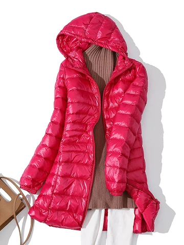 7XL зимний женский пуховик с капюшоном Длинная Куртка белый утиный пух Женское пальто ультра легкие тонкие однотонные куртки пальто лёгкие парки - Цвет: hot pink