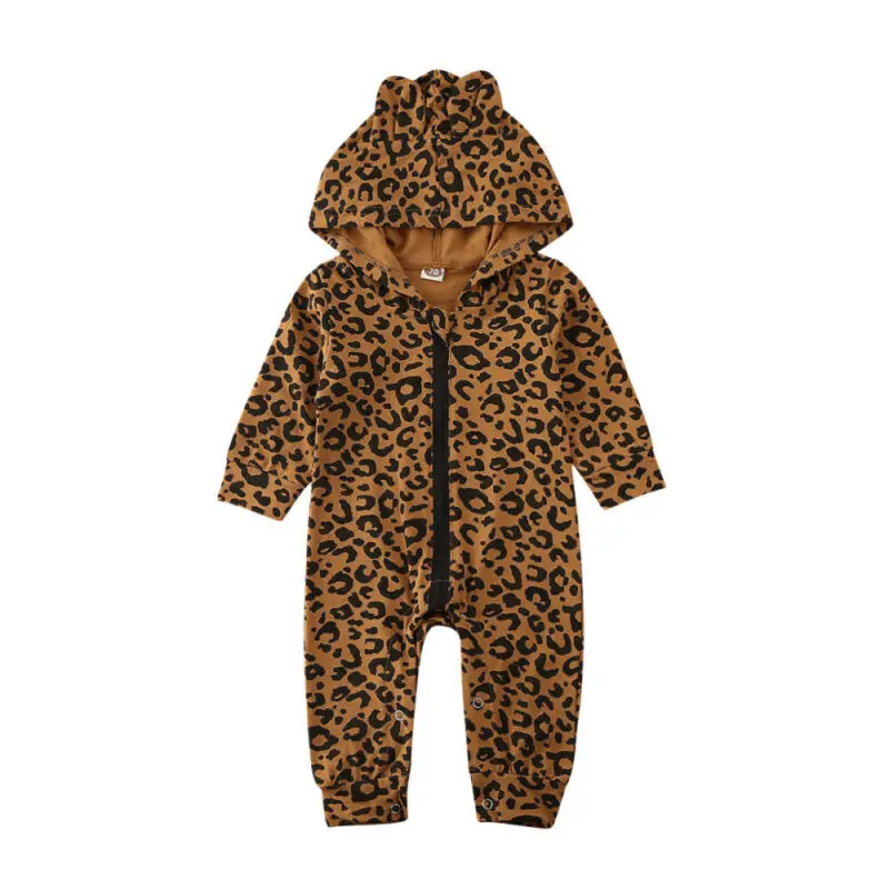 Детская одежда на весну-осень, одежда с леопардовым принтом для новорожденных мальчиков и девочек, комбинезон с капюшоном и длинными рукавами, зимняя одежда