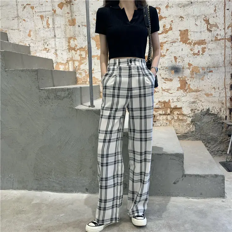 balck white plaid pants button fly 