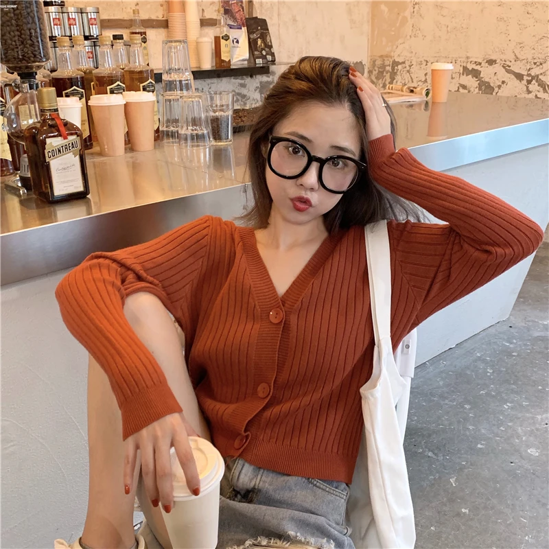 Short Cardigan Women V-Neck Knitted Sweater Coat Long Sleeve Tops Single Breasted with Three Buttons Casual Cardigans