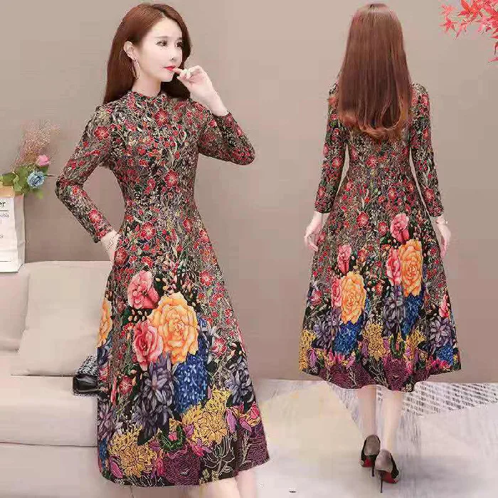 

Hot Selling Printed Retro Improved Cheongsam Dress 2020 New Style Autumn Nation Waist Hugging Big Skirt Women's