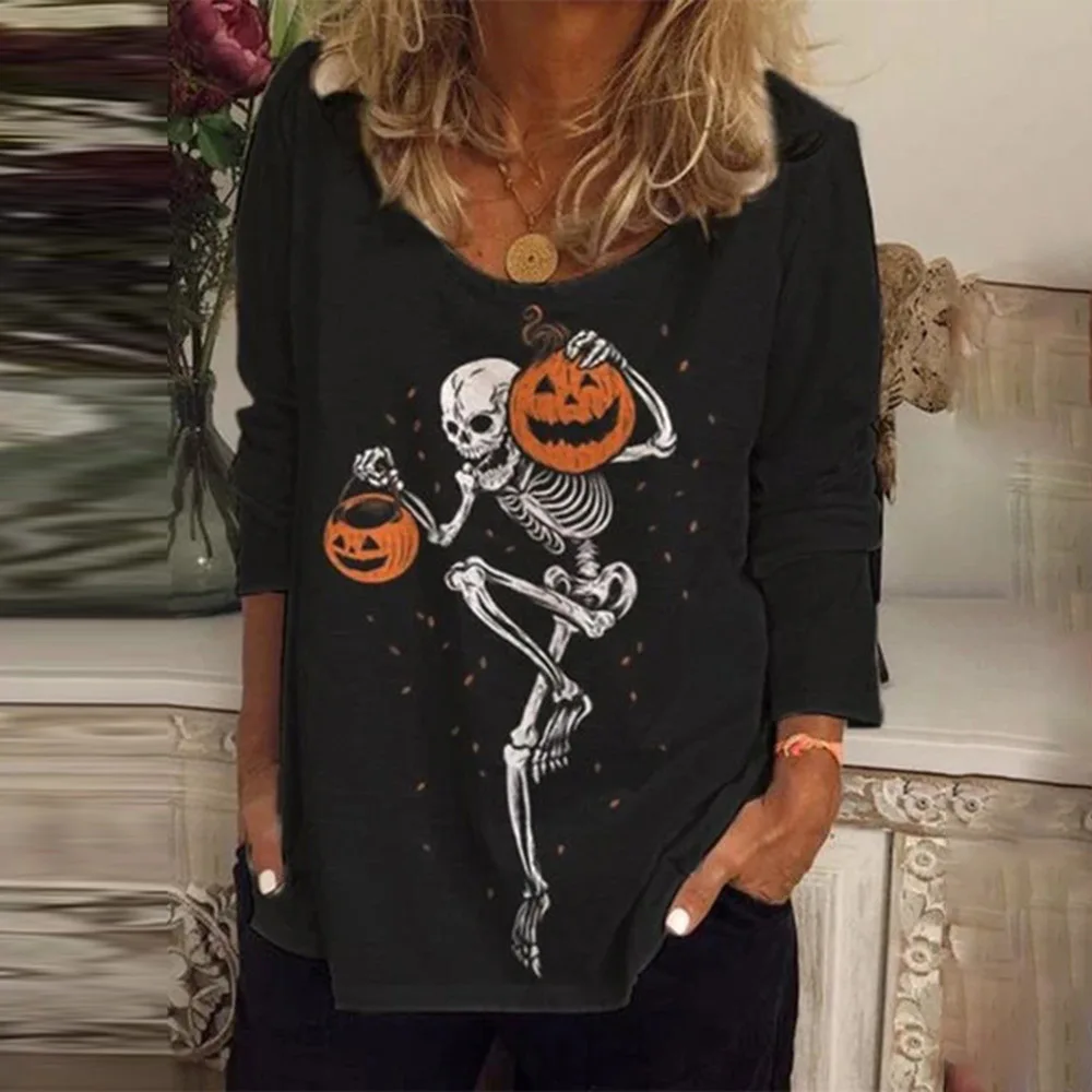 

Retro Skeleton Pumpkin Printed T-Shirt Autumn Winter New Round Neck Casual Loose Printing Women T Shirt Gothic Streetwear Tees