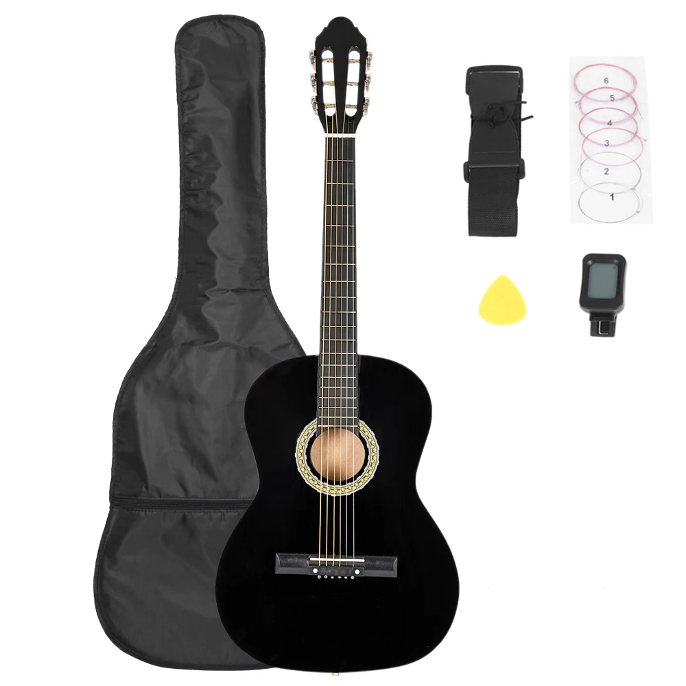 38 inch Folk Gitaar met Tas & Board & Riem & Liquid Crystal Tuner & Snaren Set Black Gitaar Set voor Beginners 38 inch Folk Gitaar met Tas & Board & Riem & Liquid Crystal Tuner & Snaren Set Black Gitaar Set voor Beginners