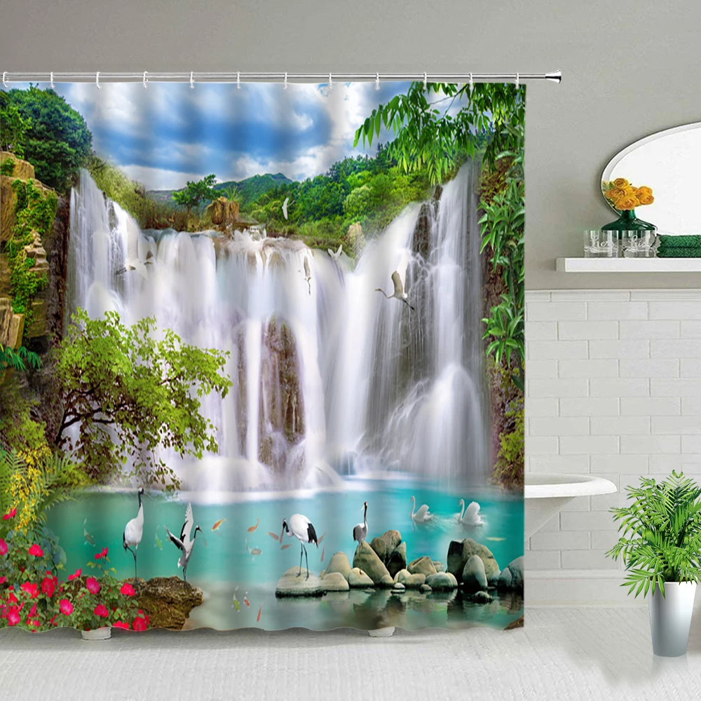 Cortina de Chuveiro Set, Cachoeira Primavera Paisagem, Casa Banheira Decoração