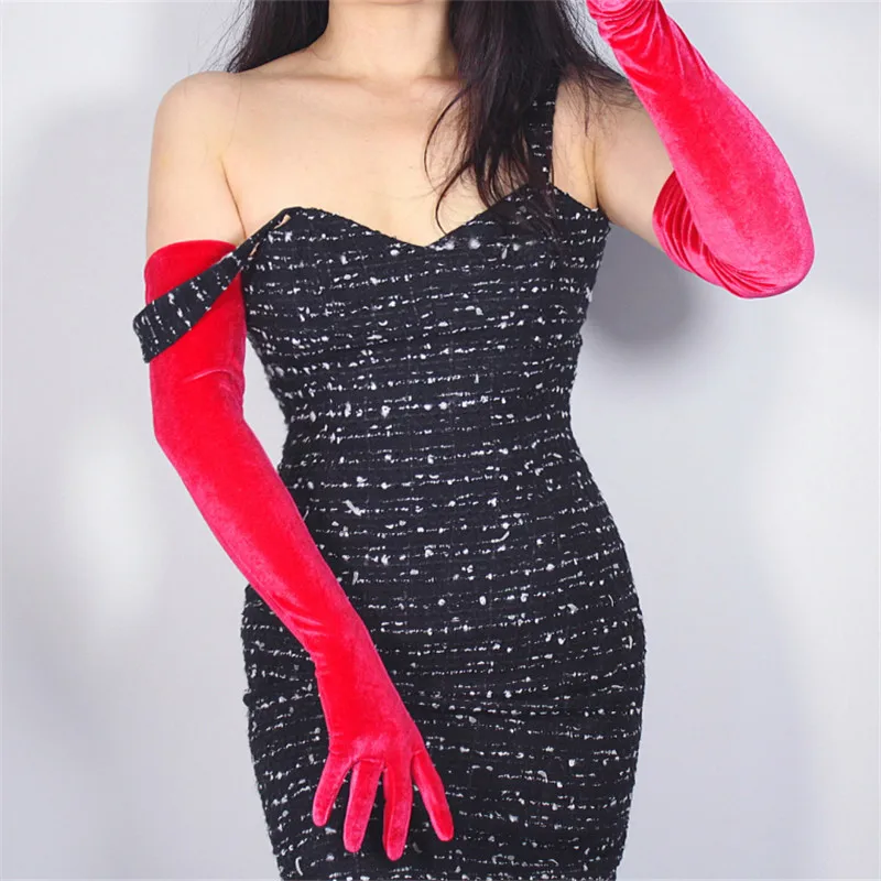 Новые 60 см черные велюровые перчатки очень длинные Над коленом Vestido de noche высокие эластичные черные Лебеди бархатные женские сенсорный экран WSR08