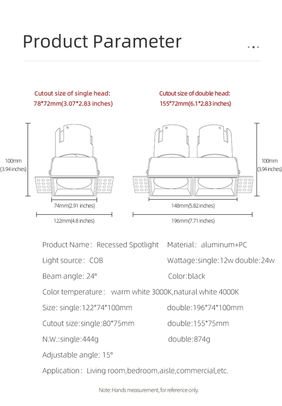 Aisilan LED Embedded Square Double Head Downlight Borderless Anti-glare Ceiling Spotlight No Main Light for Home Living Room down light