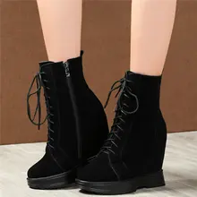 Обувь с высоким берцем женские зимние сапоги из натуральной кожи на очень высоком каблуке на шнуровке теплые туфли-лодочки на платформе модные зимние кроссовки в стиле панк