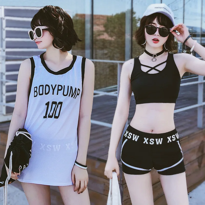 

INS Sports Bathing Suit Women's Conservative Students Belly Covering Slimming Three-piece Set-Style Blouse White Casual Hot Spri