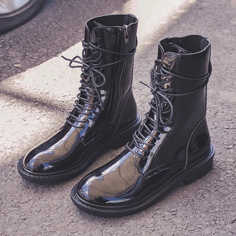 new designer women martin boots mid-calf slim black lace-up short knight botas mujer brief side zip motorcycle bottes shoes