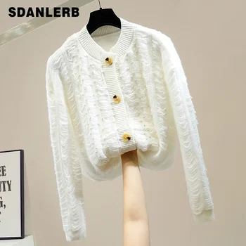 

Mohair White Knitted Sweater for Woman Beaded Single-Breasted Knitted Sweater Cardigan Jacket 2020 Autumn Female Clothing