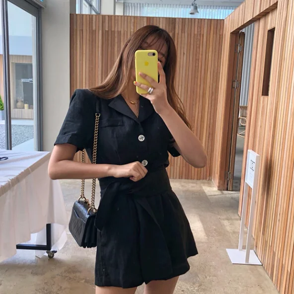 summer Women Solid color Turn down collar Short Sleeve Buttons overalls elegant Bandage Cotton Linen Jumpsuits AQ332