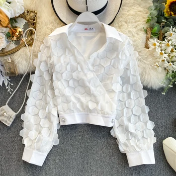 

Spring Autumn Office Lady Elegant Long Sleeve Shirt 2020 Korea Women Short V-Neck Three-dimensional Decoration Blouse Blusa A875