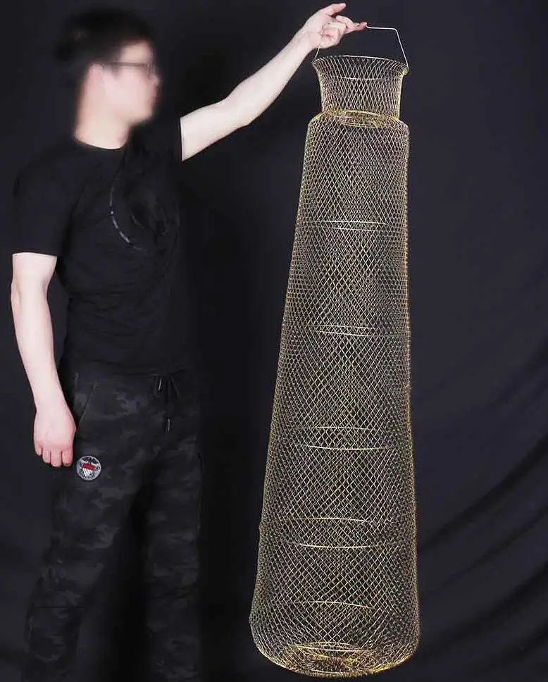 Description Picture 2 of itemFinefish Size 1.5m Portable Fish Care Keep Mesh Wire Foldable Fishing Cage Drum-shaped Steel Wire Creel Catch Fishing Net